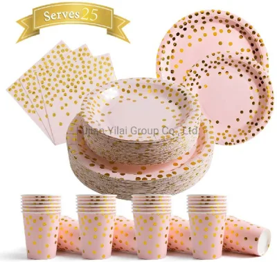Set di tovaglioli di carta usa e getta - Bomboniere, rosa con pois dorati, 25 piatti piani, 25 piatti da dessert, 25 tovaglioli