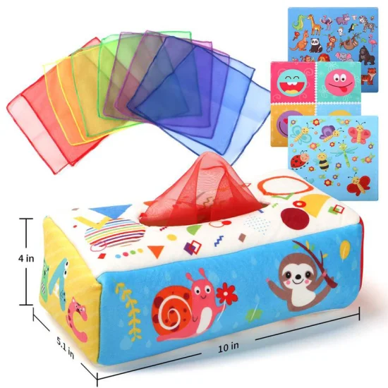 Scatola di fazzoletti magici per bambini piccoli, giocattoli Montessori, giocattoli sensoriali per bambini con carta spiegazzata e sciarpe da giocoleria arcobaleno per bambini piccoli